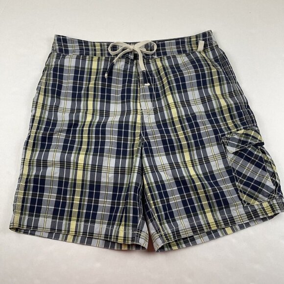 Nautica Boardshorts Swim Trunks Adult Mens 34 Blue Yellow Plaid Bathing Suit - Picture 1 of 10